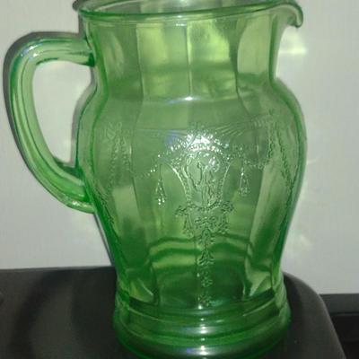 Vintage Embossed Uranium Glass Pitcher- Approx 8 1/4" Tall