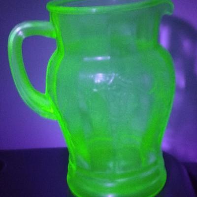 Vintage Embossed Uranium Glass Pitcher- Approx 8 1/4" Tall