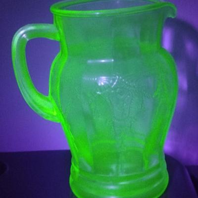 Vintage Embossed Uranium Glass Pitcher- Approx 8 1/4" Tall