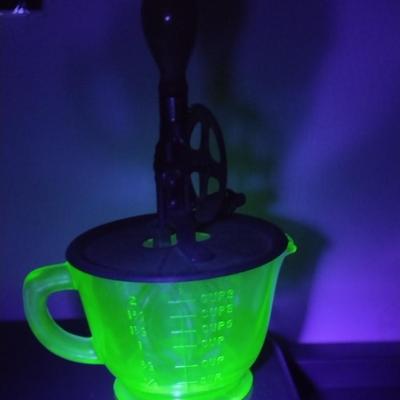 Vintage Uranium Glass Two Cup Measuring Cup with Egg Beater/Hand Mixer