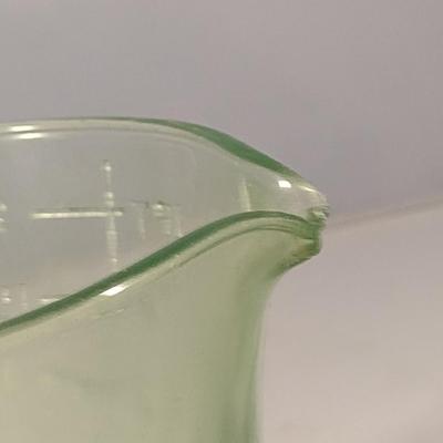 Vintage Uranium Glass Two Cup Measuring Cup with Egg Beater/Hand Mixer