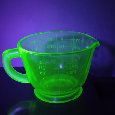 Vintage Uranium Glass Two Cup Measuring Cup with Egg Beater/Hand Mixer