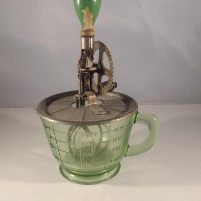 Vintage Uranium Glass Two Cup Measuring Cup with Egg Beater/Hand Mixer
