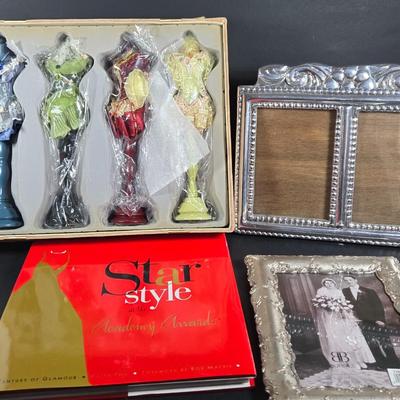 LOT 285: Star Style at the Academy Awards Book, Frames, and Set of Four Victorian Style Dress Miniatures