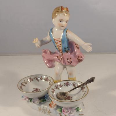 Meissen Style Porcelain Double Salt Cellar Girl with Sterling Silver Spoon- Approx 5 3/4" Tall