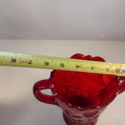 Pressed Strawberry Design Ruby Red Glass Vase with Double Handles- Approx 5" Tall