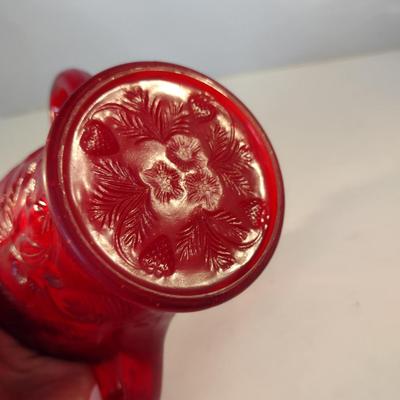 Pressed Strawberry Design Ruby Red Glass Vase with Double Handles- Approx 5" Tall