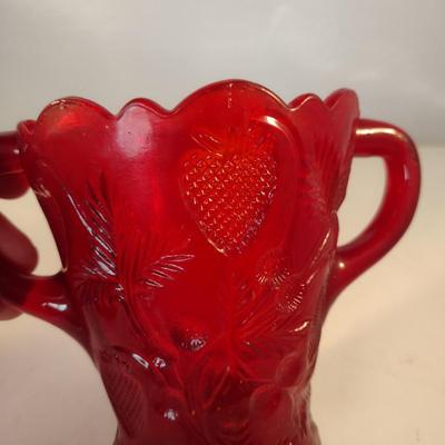 Pressed Strawberry Design Ruby Red Glass Vase with Double Handles- Approx 5" Tall