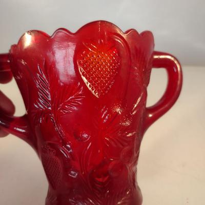 Pressed Strawberry Design Ruby Red Glass Vase with Double Handles- Approx 5" Tall