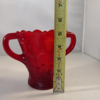 Pressed Strawberry Design Ruby Red Glass Vase with Double Handles- Approx 5" Tall