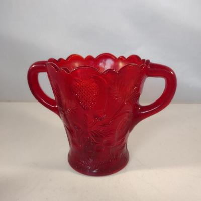 Pressed Strawberry Design Ruby Red Glass Vase with Double Handles- Approx 5" Tall