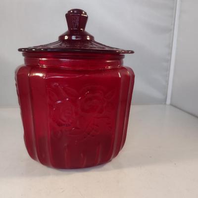 Ruby Red Glass Cookie Jar with Lid- Approx 5 1/4" in Diameter