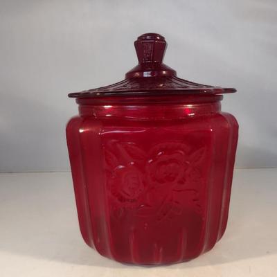 Ruby Red Glass Cookie Jar with Lid- Approx 5 1/4" in Diameter