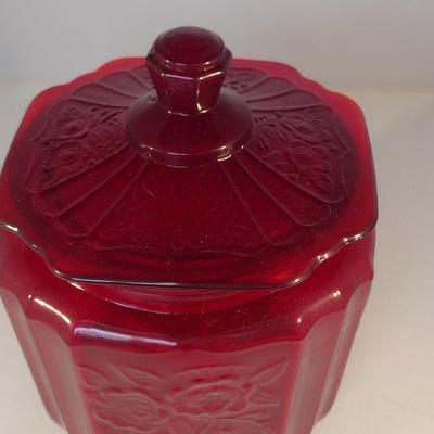 Ruby Red Glass Cookie Jar with Lid- Approx 5 1/4" in Diameter