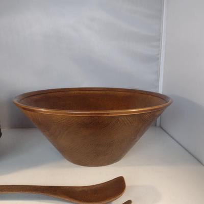 Vintage Faux Wood Salad Set with Copper Rim- 15 Piece