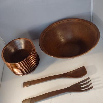 Vintage Faux Wood Salad Set with Copper Rim- 15 Piece