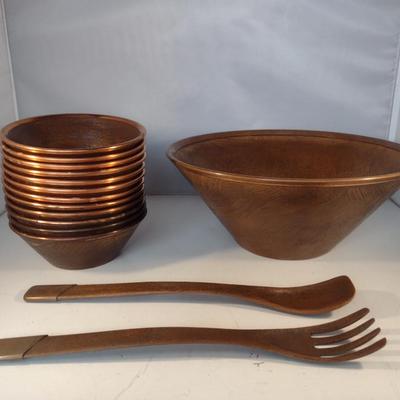 Vintage Faux Wood Salad Set with Copper Rim- 15 Piece