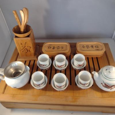 Asian Ceremonial Tea Set with Bamboo Tray/Box
