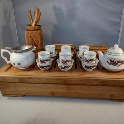 Asian Ceremonial Tea Set with Bamboo Tray/Box