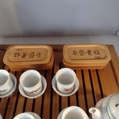 Asian Ceremonial Tea Set with Bamboo Tray/Box