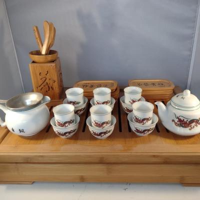Asian Ceremonial Tea Set with Bamboo Tray/Box