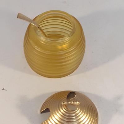 Vintage Glass Honey Jar with Metal Lid and Spoon