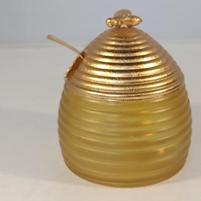 Vintage Glass Honey Jar with Metal Lid and Spoon