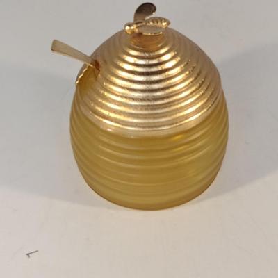 Vintage Glass Honey Jar with Metal Lid and Spoon