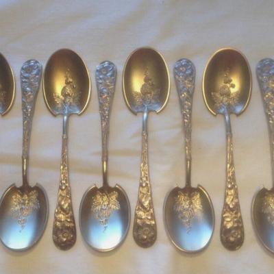 EGLANTINE BY GORHAM FULL SET OF 12 STERLING/GW ICE CREAM SPOONS W/ STRAWBERRY 6"