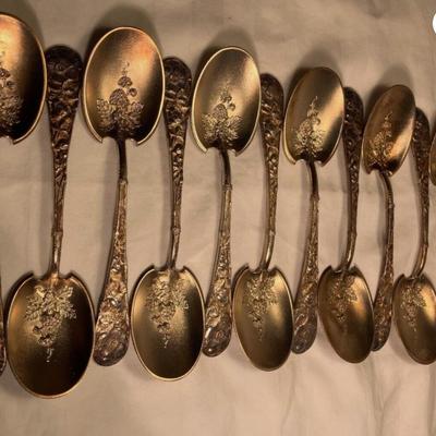 EGLANTINE BY GORHAM FULL SET OF 12 STERLING/GW ICE CREAM SPOONS W/ STRAWBERRY 6"