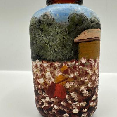 Signed Folk Art on Amber Glass Bottle