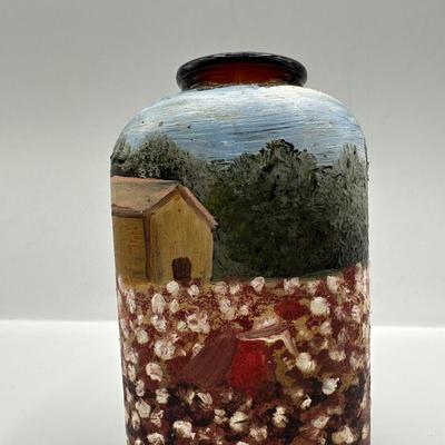 Signed Folk Art on Amber Glass Bottle