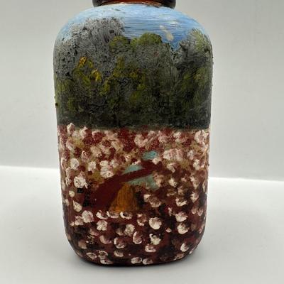 Signed Folk Art on Amber Glass Bottle