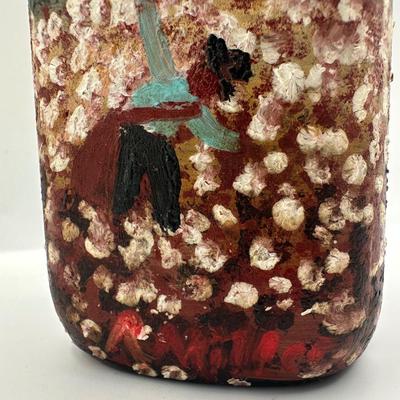 Signed Folk Art on Amber Glass Bottle