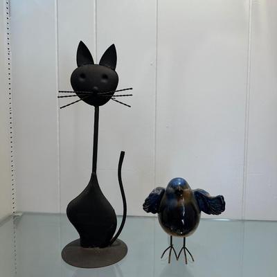 METAL CAT AND CERAMIC BIRD