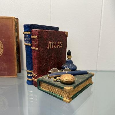BOOK ENDS AND ANTIQUE BOOK "COMPLETE WORKS OF EDMUND SPENSER"