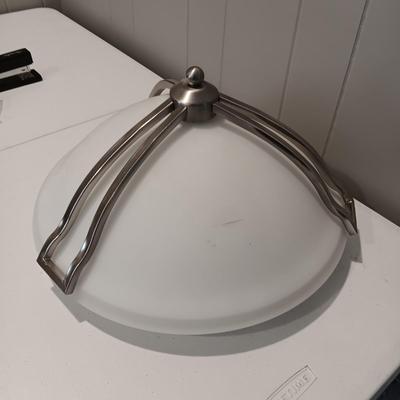 GLASS AND METAL CEILING LIGHT FIXTURE, 4 GLASS PULL KNOBS AND A WALL HOOK