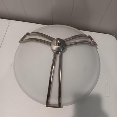GLASS AND METAL CEILING LIGHT FIXTURE, 4 GLASS PULL KNOBS AND A WALL HOOK
