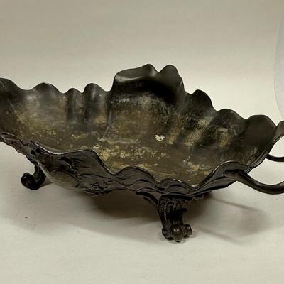 Antique Art Noureau Pewter Centerpiece with Floral Seashell like Footed Oblong Bowl