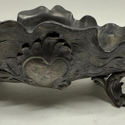 Antique Art Noureau Pewter Centerpiece with Floral Seashell like Footed Oblong Bowl