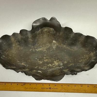 Antique Art Noureau Pewter Centerpiece with Floral Seashell like Footed Oblong Bowl