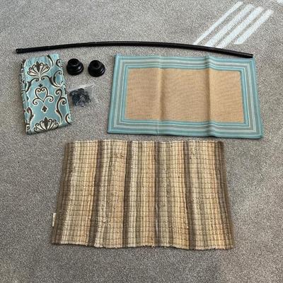CURVED SHOWER ROD, BATH MATS AND SHOWER CURTAIN