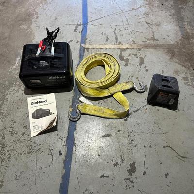 NICE TOW ROPE, DIEHARD BATTERY CHARGER AND WHEEL CHOCK