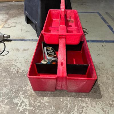 CRAFTSMAN DRILL, HEDGE CUTTERS AND A TOOL BOX STEP STOOL