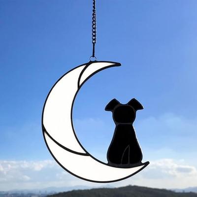 Stained Glass Pet Dog Memorial Gifts for Dog Lovers, Black Dog Decor on White Moon Window Hangings Suncatcher, Loss of Dog Sympathy Gift,...