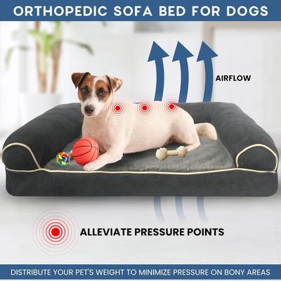 Gray Plush Orthopedic Dog Bed w/Side Bolster Support Pillows Couch for Dogs Pets Cats w/Memory Foam, Anti-Slip Bottom Machine Washable...