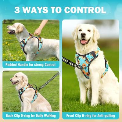Size XL Sunflower Teal Print No Pull Reflective Dog Harness for Extra Large Dogs w/Metal D-Rings, 3 Buckles & Adjustable Straps with...
