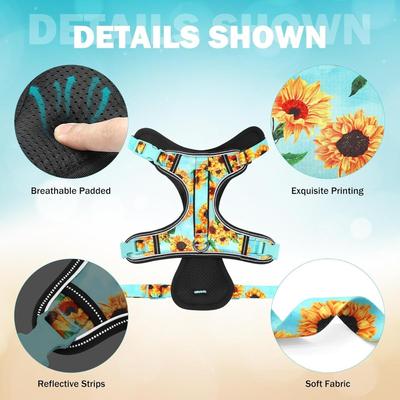 Size XL Sunflower Teal Print No Pull Reflective Dog Harness for Extra Large Dogs w/Metal D-Rings, 3 Buckles & Adjustable Straps with...