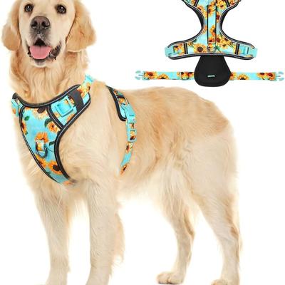 Size XL Sunflower Teal Print No Pull Reflective Dog Harness for Extra Large Dogs w/Metal D-Rings, 3 Buckles & Adjustable Straps with...