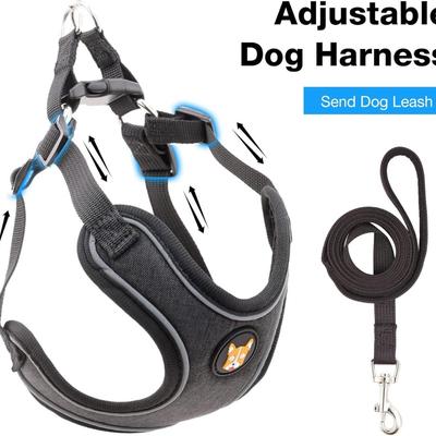 Size Medium Black Adjustable Dog Harness & Leash Set No Pull, Step in Escape Proof & Reflective w/Leash